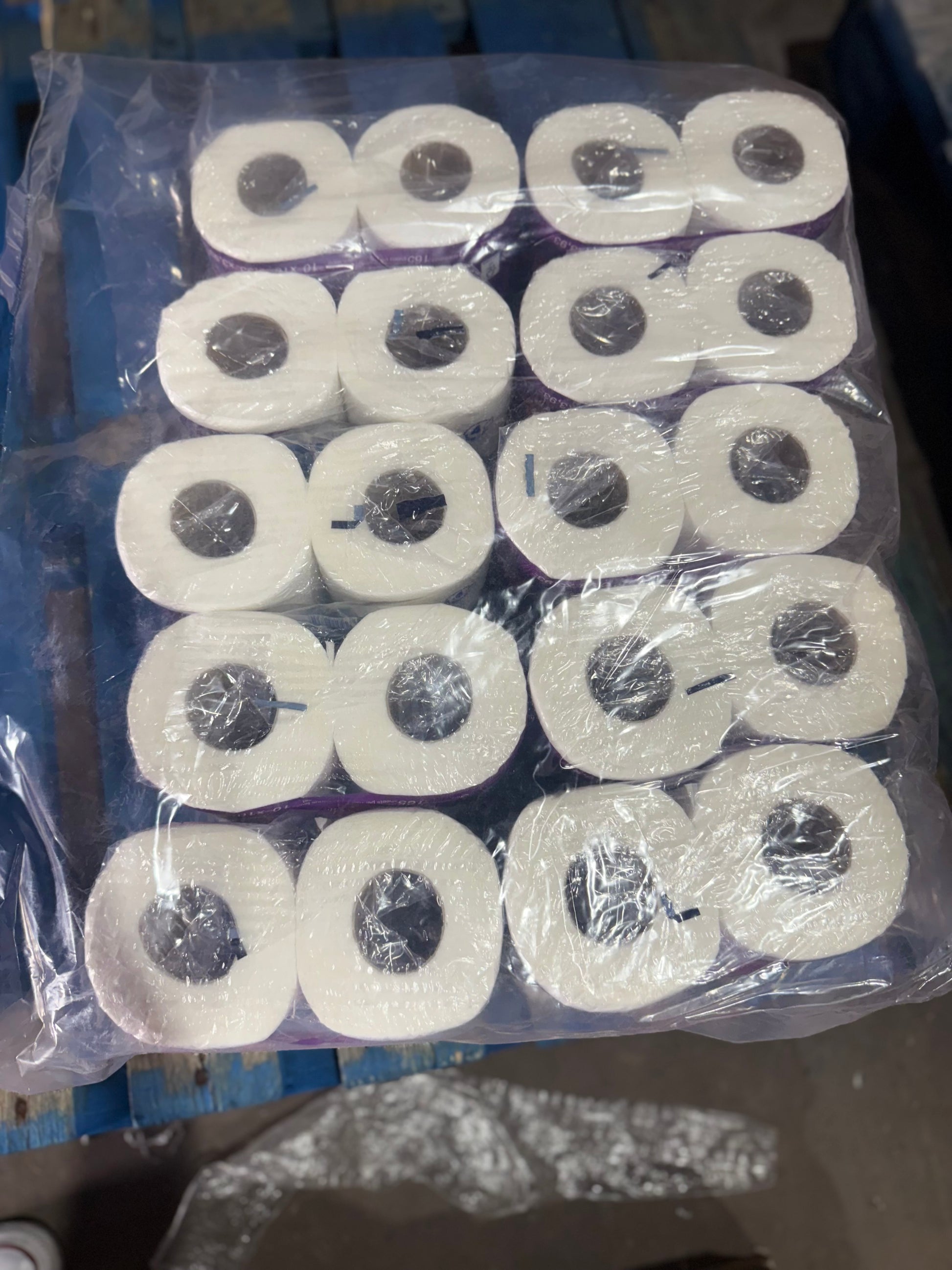 Packaged rolls of toilet paper on a blue pallet