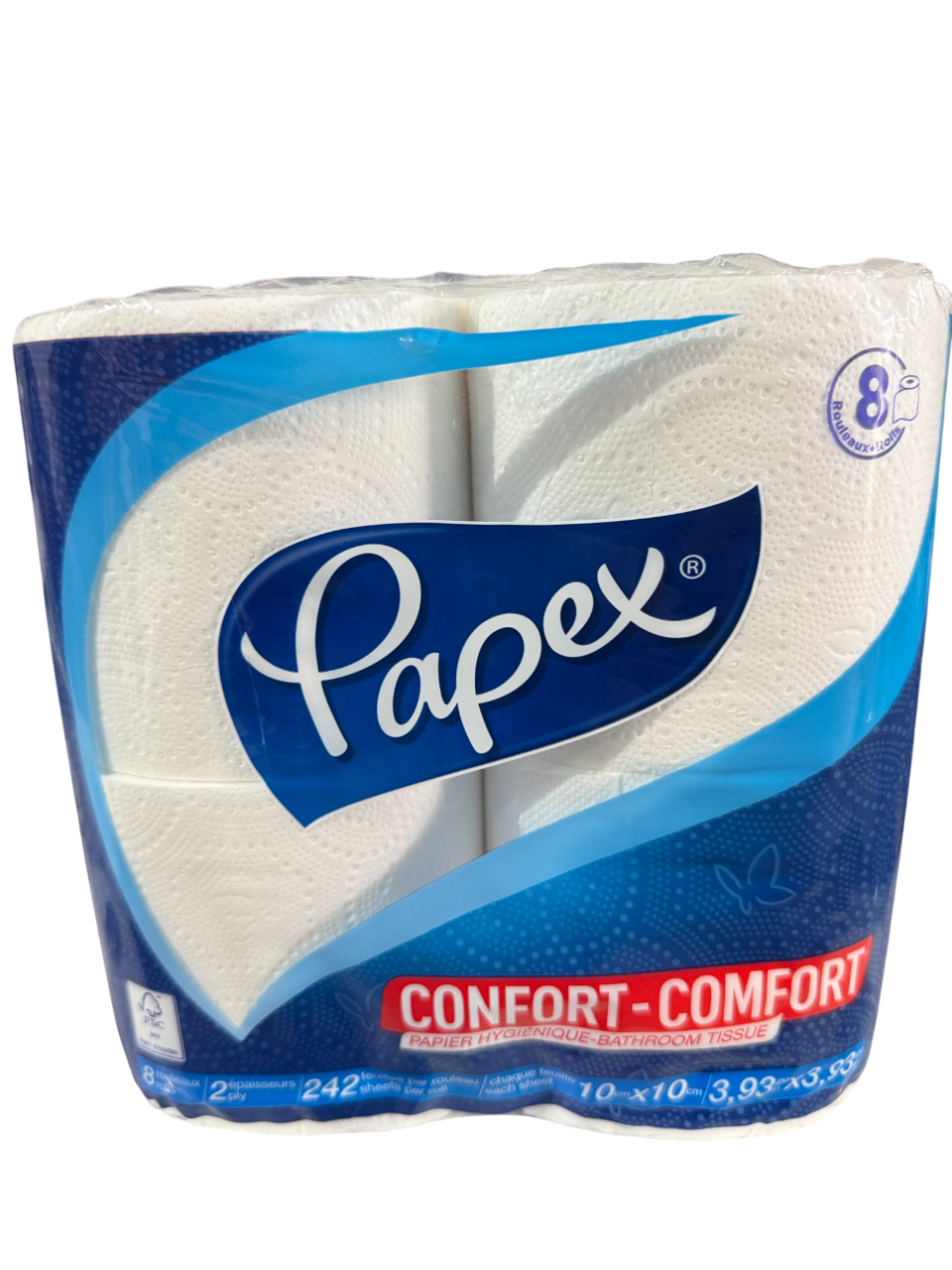 8 rolls Papex toilet rolls package with blue and white design on a white background