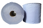 Two rolls of blue centrefeed tissue on a white background