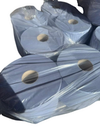 Rolls of blue centrefeed rolls wrapped in plastic on a white background