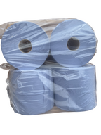 Three rolls of blue centrefeed stacked on top of each other with clear plastic wrap.