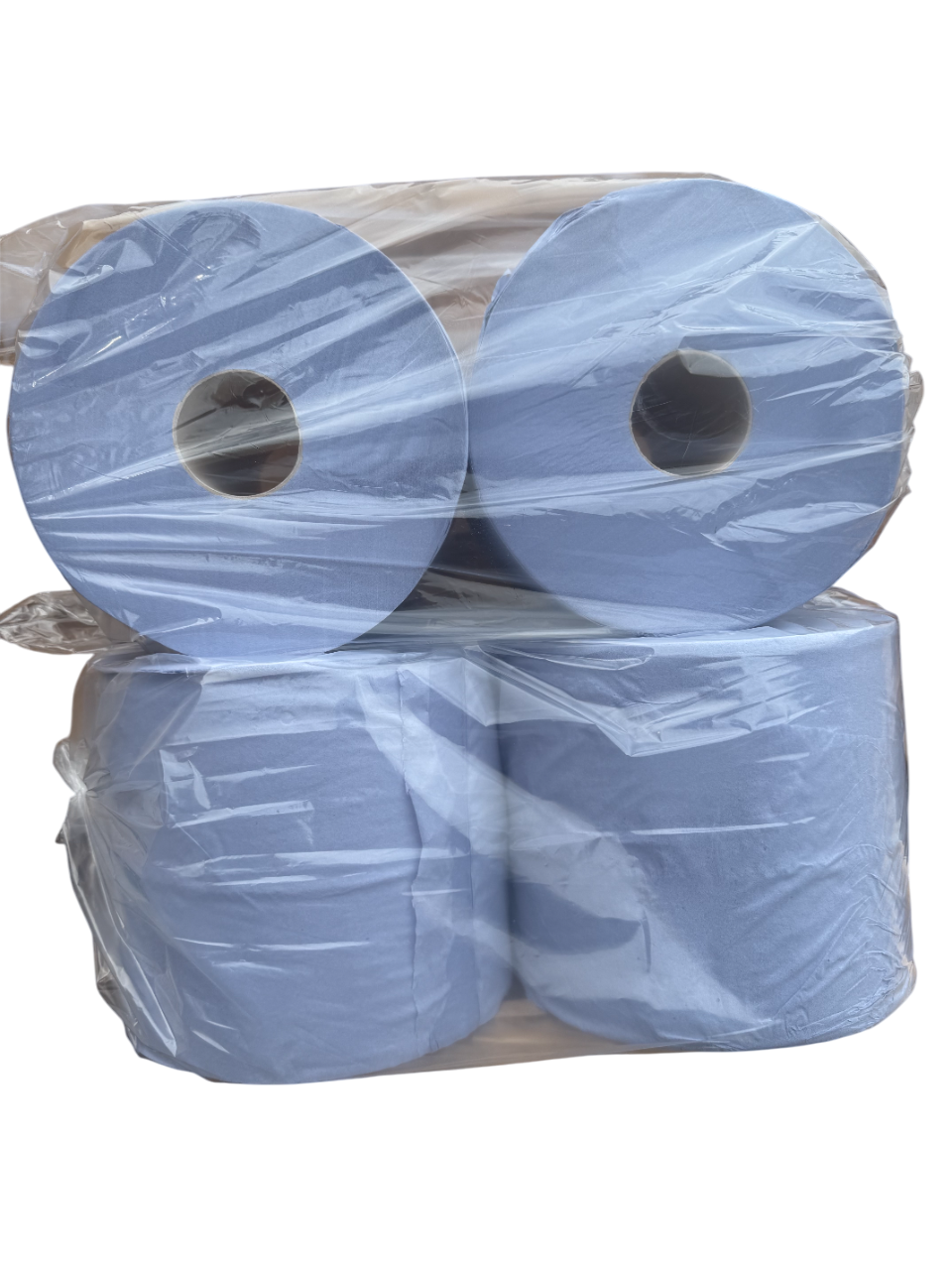 Three rolls of blue centrefeed stacked on top of each other with clear plastic wrap.