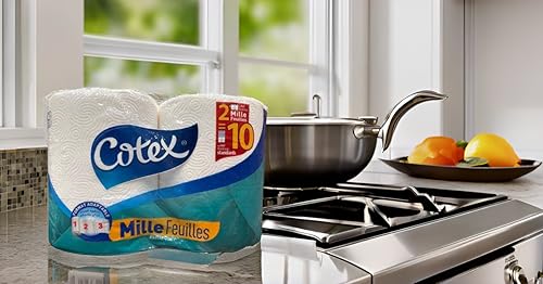 Cotex Mille Feuilles kitchen rolls on a kitchen counter with a pot and fruits in the background