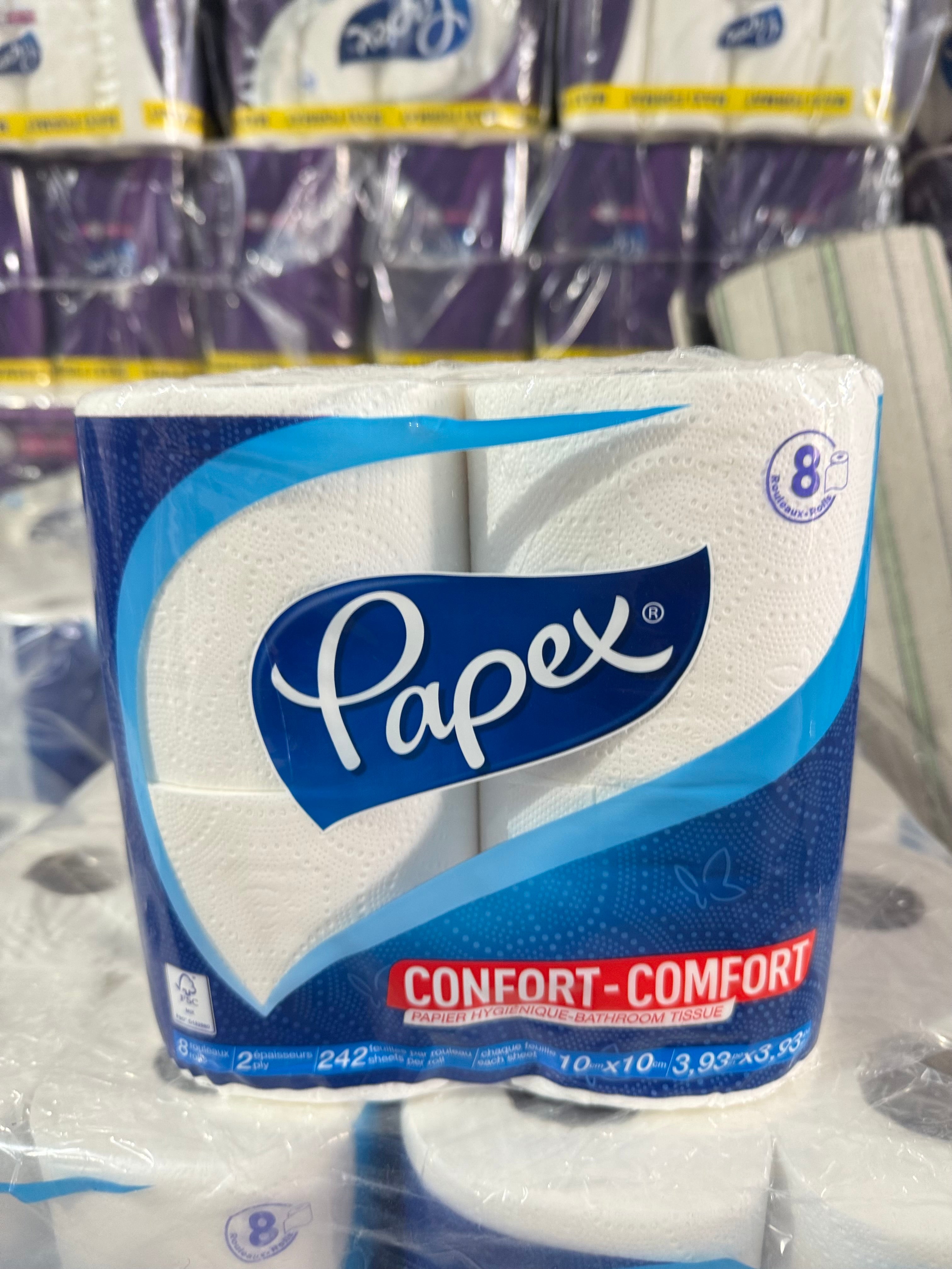 Papex toilet paper roll with blue and white packaging in a store setting