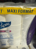 Stack of toilet rolls with Papex branding and a yellow 'Maxi Format' label.